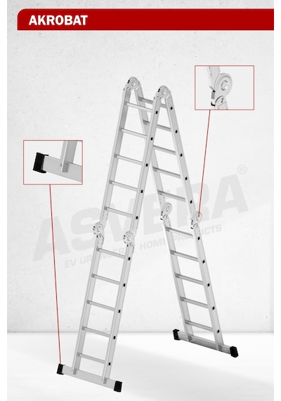 Asvera 5.8 Metre Çok Amaçlı Akrobat Merdiven - 20 Basamaklı 4x5 Katlanır Profesyonel Merdiven