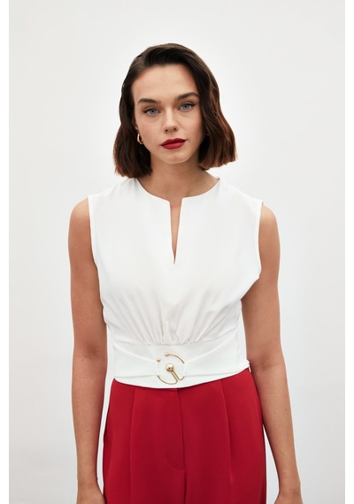 Sateen Toka Detaylı Kolsuz Bluz - Ekru-134859