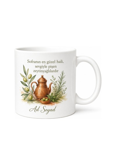 Zeytinyağlı Yemek Temalı Baskılı Kupa Bardak Hediye Porselen Mug Beyaz / Çok Renkli