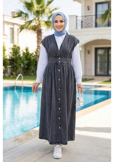 Hb Harma Time Butik Kadın V Yaka Düğmeli Kot Siyah Jile