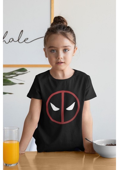 Sevbano Tasarım Deadpool Maske Baskılı Unisex Film Kahramanı Çocuk Tişört SIYAH