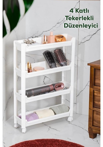 Sev Plastik 4 Katlı Tekerlekli Diktördgen Organizetör Raf Beyaz
