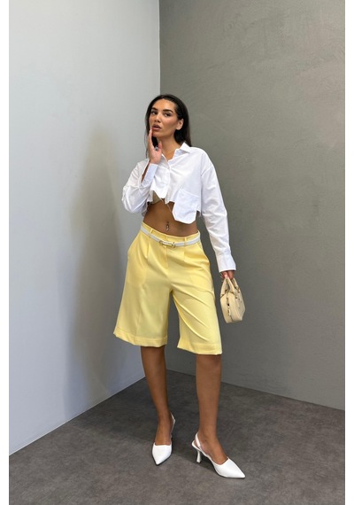 Madmext Sarı Pileli Kadın Bermuda Şort Mg2483 Sarı