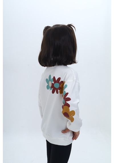 Toontoy Kız Çocuk Arka Kol Baskılı Çiçekli Sweatshirt Ekru