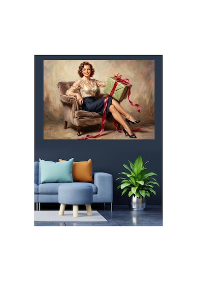 Hediye Paketi Tutan Pin-up Kadın Yağlı Boya Dokulu Kanvas Tablo Canvas Tablosu