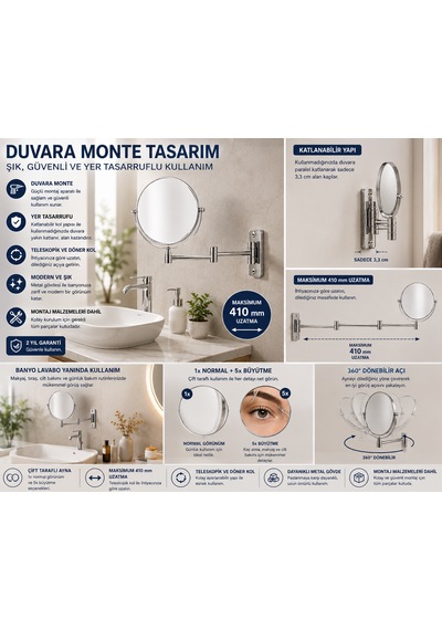 Duvara Monte Mafsallı Makyaj Aynası 1x + 5x Büyütmeli Çift Taraflı 410 Mm Uzatılabilir Krom