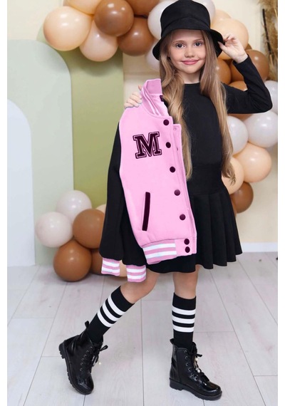 Riccotarz Kız Çocuk Düğme Detaylı Pamuklu Pembe Kolej Ceket Kadife Etekli Takım Pembe