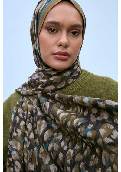 Silk Home Eco Viscose Şal Kına Yeşili Turkuaz Vizon Leopar Desenli Nefes Alan 90x200 Çok Renkli