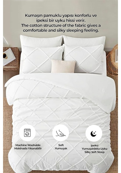 Evlen Home Pamuklu Aimar Yatak Örtüsü Takımı Tek Kişilik Günlük Boho 2 Parça Elyaf Dolgulu Beyaz Beyaz