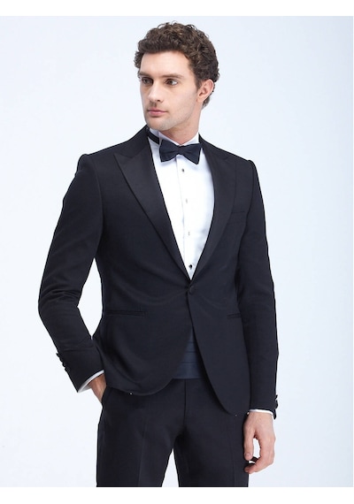 Kip Siyah Düz Slim Fit Kruvaze Yaka Dokuma Smokin Takım Elbise 001