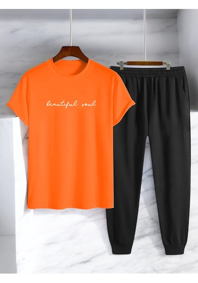 Uyguntarz Unisex Beatiful Soul Tasarım Basklı Tshirt Eşofman Takımı Turuncu