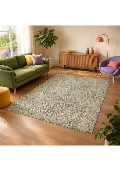 Kartela Halı Paisley Halı Kaymaz Taban Makinede Yıkanabilir Halı Adaçayı Yeşili - 60 X 90 Cm