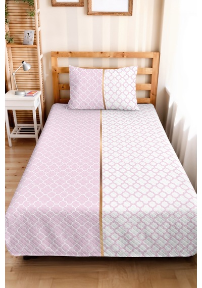 Pudra Geometrik Genç Odası Tek Kişilik Pike Takımı - Beyaz Modern 160x220 Cm Kapitone Yatak Örtüsü Kadife Duman Kokusu