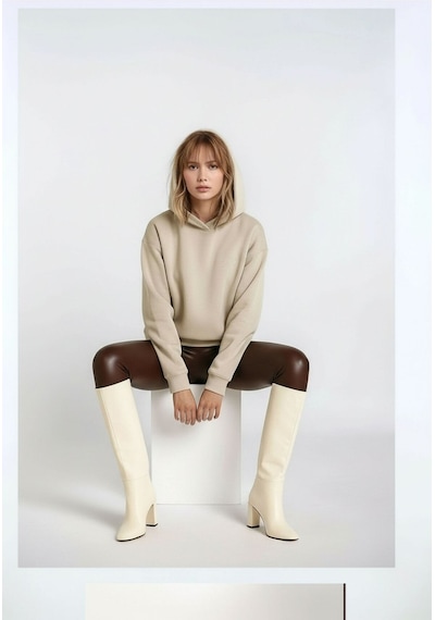 Mamayaga Kadın 3 İplik Kalın Kapüşonlu Oversize Curve Kalıp Uzun Kol Sweatshirt Kazak Bej