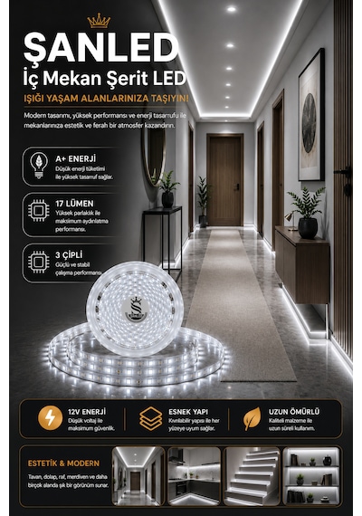 3 Çipli Şerit Led Beyaz Işık Rengi 12v 5 Metre