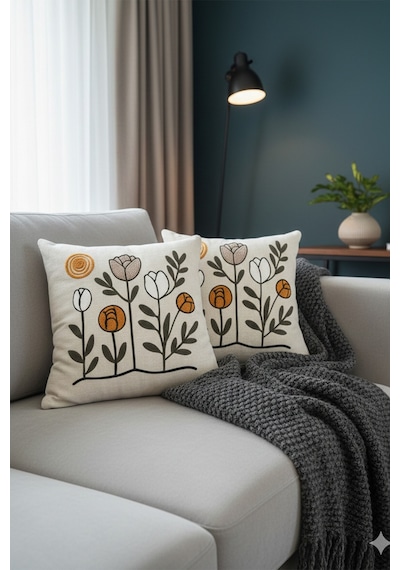 Punch İşlemeli Modern Tasarım Dekoratif 2'li Kırlent Kılıfı Nakışlı Keten 43x43 Cm Çiçeklilalelimodel