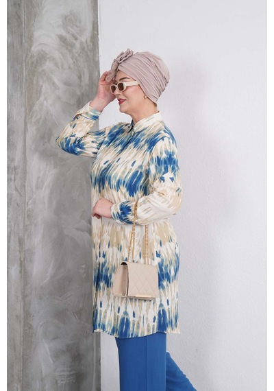 Polologin Butik Mavi Bej Blok Desenli Tunik Pantolon Takım Mavi & Bej & Lacivert