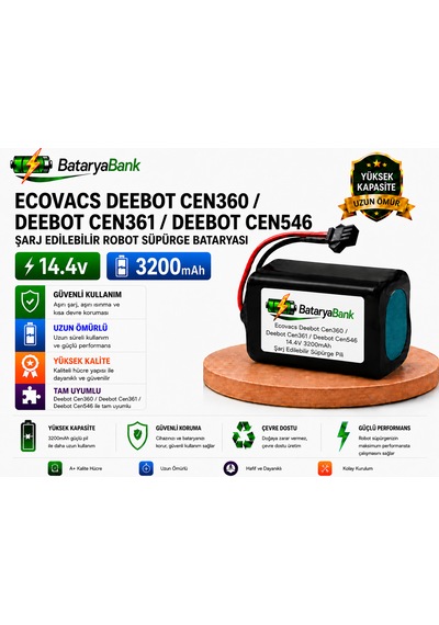 Bataryabank Ecovacs Deebot Cen360 / Deebot Cen361 / Deebot Cen546 Uyumlu Robot Süpürge Bataryası 14.4v 3200mah Li-ion Şarj Edilebilir Pil