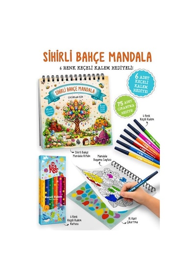 Sihirli Bahçe Mandala - 6 Renk Keçeli Kalem Ve 75 Adet Çıkartma Hediyeli 3+
