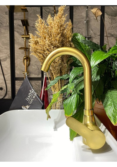 İsaoğlu Yapı Mat Altın Lavabo Bataryası Gold Lavabo Musluğu Fırçalanmış Gold Banyo Bataryası Altın Musluk Gold