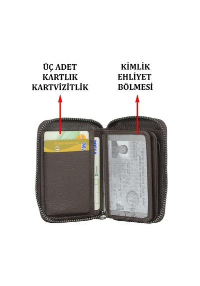 Case Club Fermuarlı Deri Erkek Kartlık Ehliyet Kimlik Ve Kağıt Para Bölmeli Kahverengi