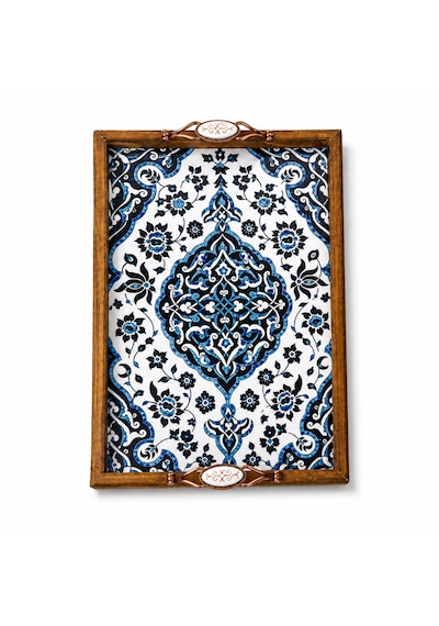 Foundex Çinili Tepsi 45x27 El Yapımı Tepsi Büyük Boy Mavi