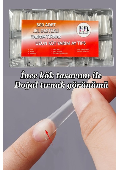 Protez Tırnak 500 Adet Jel Destekli Uzun Küt Yarım Ay Tips Özel Saklama Kutusunda Ekru