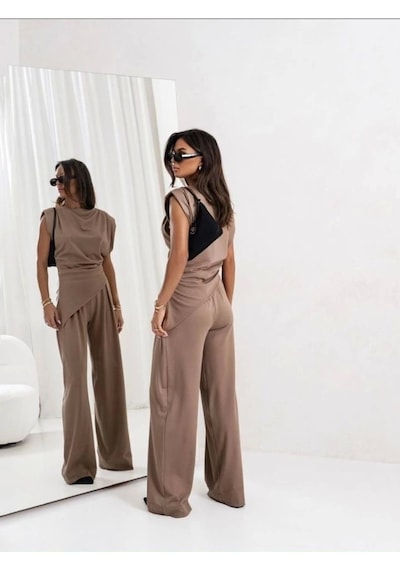 Defymoda Kadın Dalgıç Kumaş Sıfır Kol Bluz Ve Bol Kesim Pantolon Ikili Takım Kahverengi Defymoda Kadın Dalgıç Kumaş Sıfır Kol Bluz Ve Bol Kesim Pantolon Ikili Takım Kahverengi