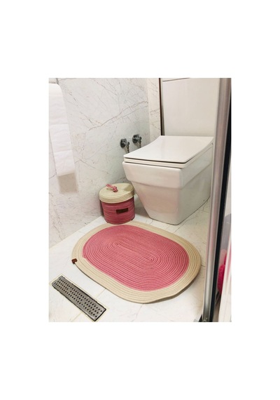 Jüt,hasır,2 Li,banyo Takımı,bohem Tarzı Banyo Takımı, Paspas/sepet/25x25 Pembe Beyaz Pembe Beyaz