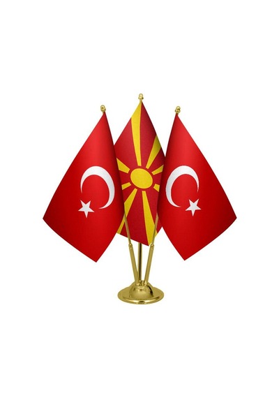 Masa Üstü Makedonya Bayrağı Türk Bayrağı Üçlü Pirinç Direk Masa B