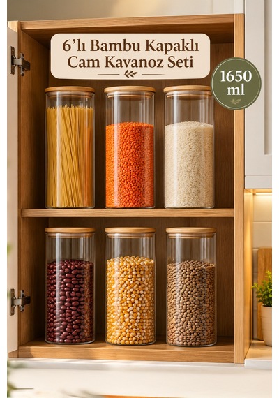 Porsima 3-3 Bambu Vakumlu Kapaklı Yuvarlak Cam 6lı Kavanoz Seti Saklama Kabı 1650ml 10x25cm Cam - Şeffaf