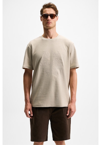 Grımelange NELIDO Erkek Nakış Detaylı %100 Organik Pamuk Bisiklet Yaka Kısa Kollu Regular Fit Taş Rengi T-Shirt