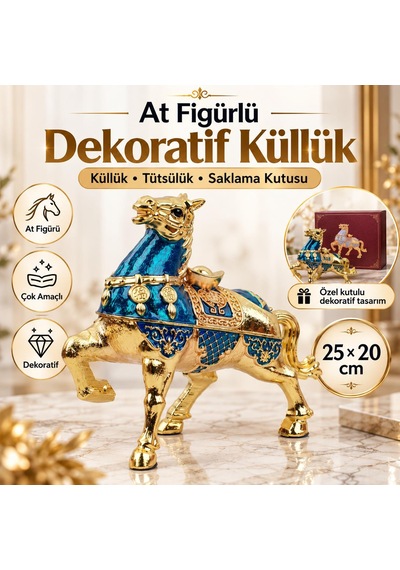 Lüks Alaşım Metal At Figürlü Kapaklı Dekoratif Küllük Ve Takı Saklama Kutusu Metal Biblo 25 X 20 Cm 78184033