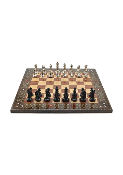 Gifthome Premium Black Metal Klasik Satranç Takımı Ve El İmali Masif Ahşap Düz Gül Tahtası 45x45x2 Cm.