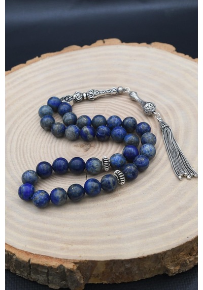 33'lük Doğal Lapis Lazuli Taşlı Tesbih 925 Ayar Gümüş Püsküllü 10mm Küre Kesim