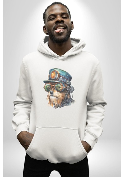 Tren Sürücüsü Gözlüklü Yorkshire Kadın Erkek Beyaz Kapüşonlu Sweatshirt Hoodie Beyaz