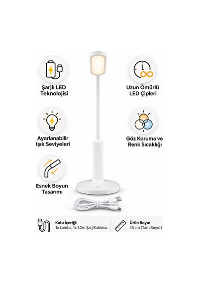 Şarjlı Dokunmatik Led Masa Lambası Type-c Esnek Boyunlu Ayarlanabilir Işık Modlu 45 Cm Beyaz