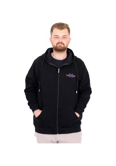 Mode Xl Büyük Beden Erkek Kapüşonlu Fermuarlı Sweatshirt U25803 Siyah Siyah