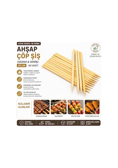 60 Adet Ahşap Geniş Çöp Şiş - Adana Kebap Şişi - 25 Cm Diğer