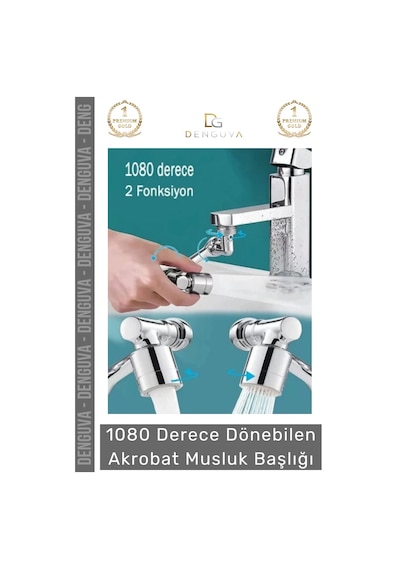 Premium Çift Fonksiyonlu Metal Görünümlü 1080 Derece Dönebilen Akrobat Musluk Ucu Başlığı
