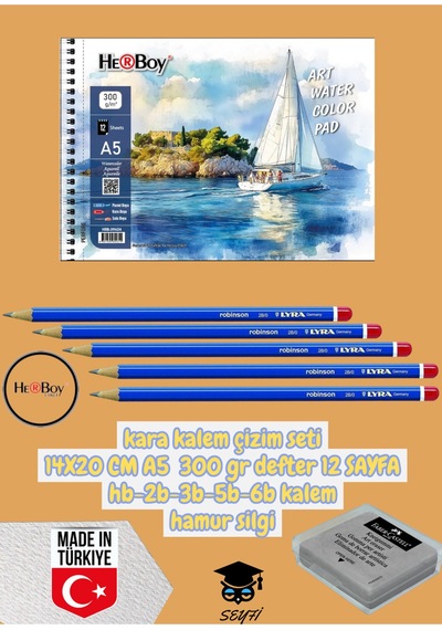 Kara Kalem Çizim Seti 14x20 Cm A5 300 Gr Defter 12 Sayfa Hb-2b-3b-5b-6b Kalem Hamur Silgi Herboy Çok Renkli