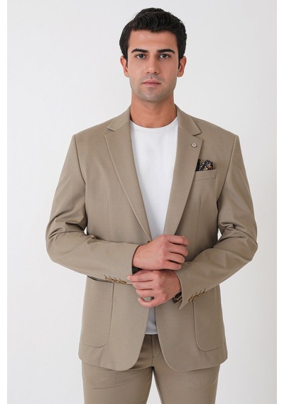 Comfort Fit Esnek Rayon Pamuk Karışım Torba Cepli Bej Blazer Ceket C 744