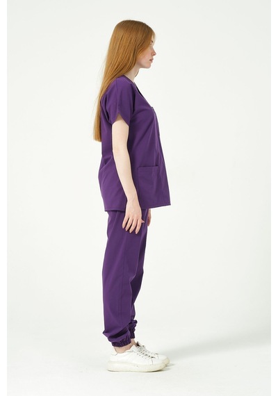 Mor Likralı Scrubs Jogger Paça Doktor Hemşire Forması Yarasa Kol Takım Unisex