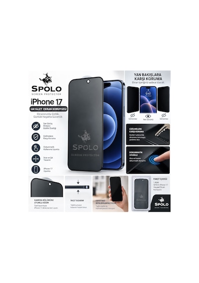 Spolo Apple iPhone Uyumlu  17 Hayalet Ekran Koruyucu Gizlilik Camı Yan Görüş Önleyici Ekran Koruma