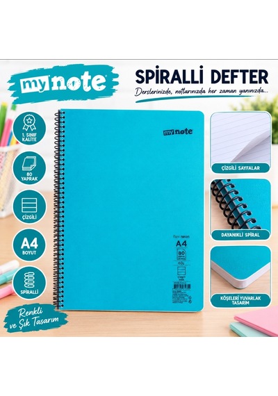 Mynote Okul Defteri Çizgili 80yaprak Spiralli Renkli Kapaklı Büyük Boy Mavi