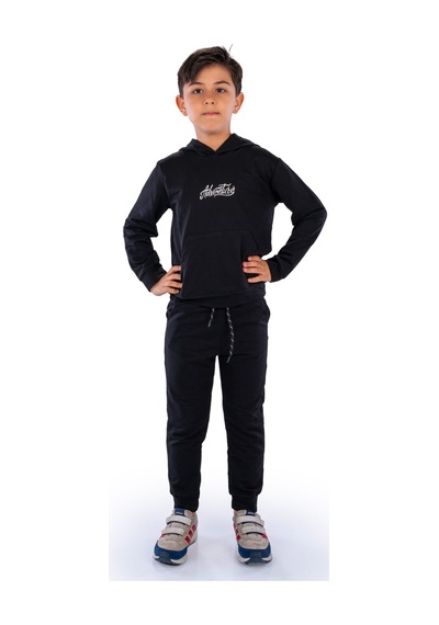 Mnk Baby & Kids Adventure Nakış Kanguru Cepli Kapüşonlu Çocuk Eşofman Mnk10072 siyah