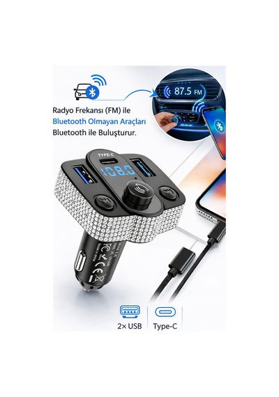 Kadınlara Özel Araç İçi Kristal Taşlı Fm Transmitter Bluetooth Usb Type-c Oto Çakmaklık