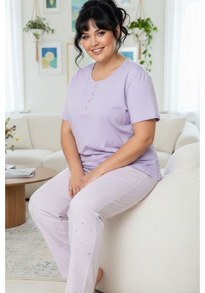 Siyah İnci Desenli Pamuklu Büyük Beden Battal Boy Örme Pijama Takım 26113897 Lila Siyah İnci Desenli Pamuklu Büyük Beden Battal Boy Örme Pijama Takım 26113897 Lila