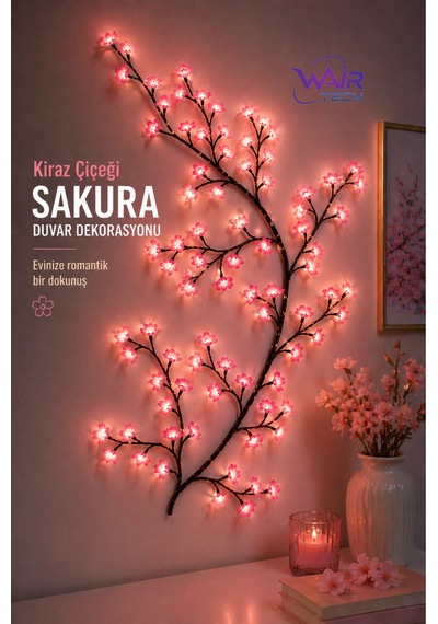 Kiraz Çiçeği Sakura Led Duvar Dekoru 144 Led Ağaç Dalı Işık, 8 Mod, Kumandalı Pembe