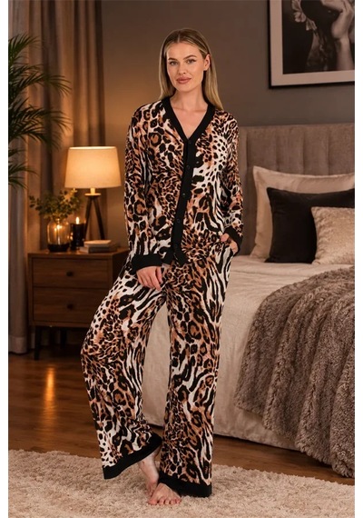 Go İthalat Şık Tasarım Viskon Leopar Desenli Önden Düğmeli Uzun Kollu Kadın Pijama Takımı